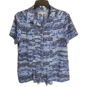 Dana Buchman Patterned Pleated Button Blouse Top Blue Women's Size Large
